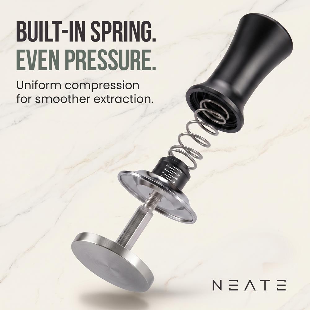 Neate Spring-Loaded Coffee Tamper For Espresso Machines | 51Mm Portafilter Spring-Loaded | 6-14 Lbs Of Calibrated Pressure | Depth-Adjustable | Great For Coffee & Espresso Enthusiasts | Black